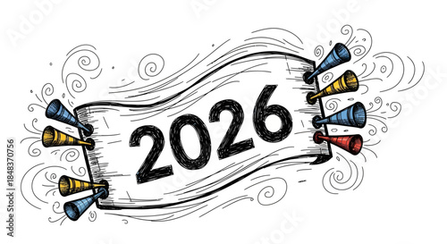 2026 banner with spyglasses, hand drawn sketch style.