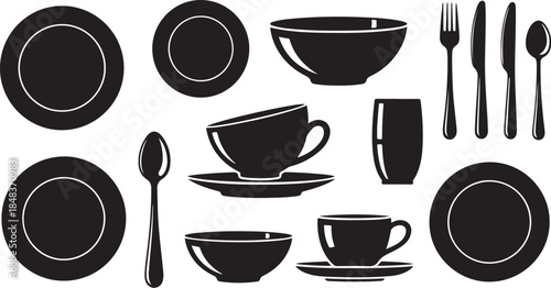Black silhouettes of dinnerware and cutlery on white