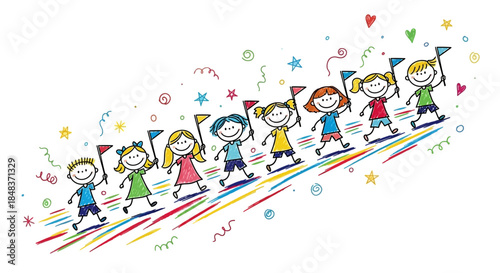 Happy diverse group of children holding flags and celebrating.