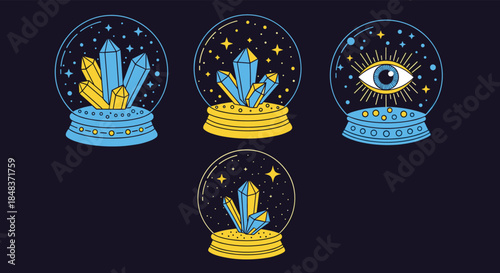 Set of magical crystal balls with sparkling crystals and an all-seeing eye, illustrated in a colorful retro pixel art style on a dark background.