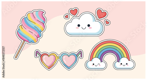 Adorable collection of cute kawaii stickers including a rainbow, cotton candy, and heart sunglasses on a soft pink background for kids.