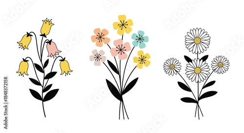 Set of three simple and charming bouquets of stylized wildflowers, including daisies and bellflowers, in a minimalist flat design style.