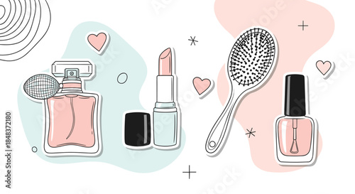 Stylish collection of beauty and cosmetic product stickers, including perfume, lipstick, and nail polish, in a cute hand-drawn style.