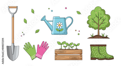 Collection of cute cartoon gardening tools and spring elements, including a shovel, watering can, rubber boots, and young seedlings.