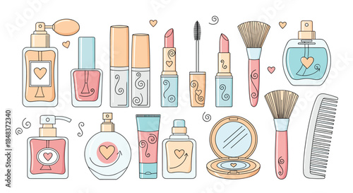 A large and charming collection of cosmetic and beauty products illustrated in a cute, colorful line art style with little hearts.