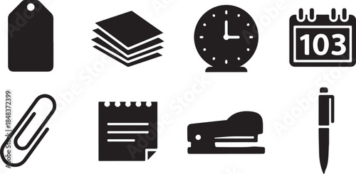 Office supplies and time management icons in black