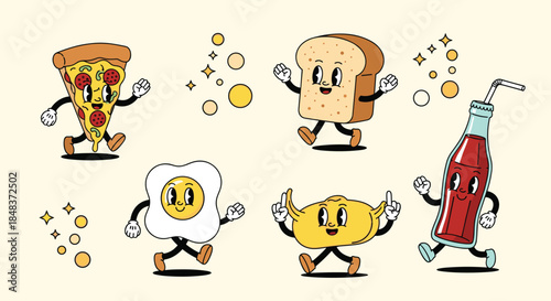 Fun collection of retro cartoon food characters in a 1930s animation style, featuring pizza, bread, a fried egg, and a soda bottle.