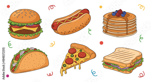 Set of popular fast food items in a colorful hand-drawn style, including a hamburger, hot dog, pancakes, taco, pizza, and a sandwich.