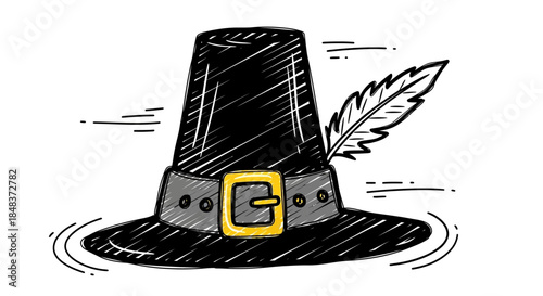 Pilgrim Hat with Feather and Buckle Sketch Illustration.