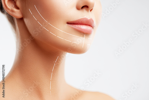 A close-up of a woman's face highlighting beauty and cosmetic enhancement techniques with subtle markings for aesthetic procedures.