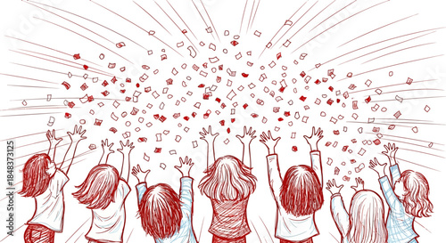 Children celebrate with joy and excitement reaching for falling confetti.