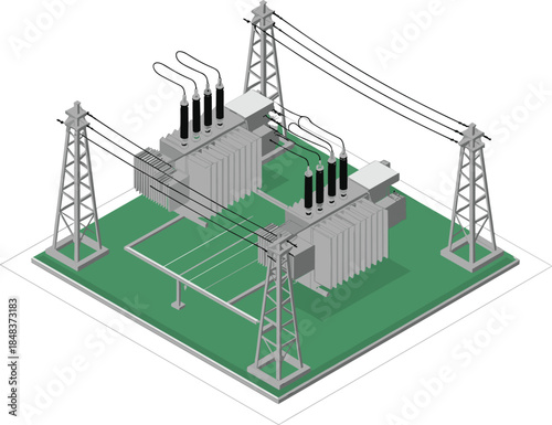 3D isometric illustration of electrical substation, power transformers, transmission lines, energy infrastructure, electricity distribution, industrial technology, utility system
