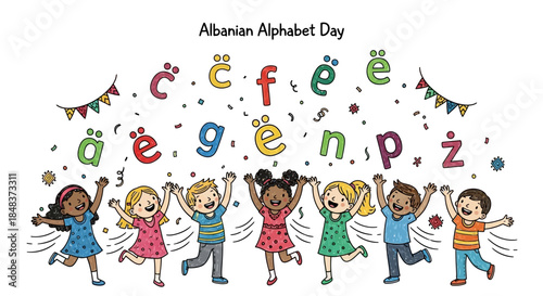 Children Celebrating Albanian Alphabet Day with Colorful Letters and Festive Decorations.
