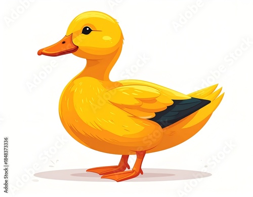 Cute cartoon yellow duckling standing on a white background