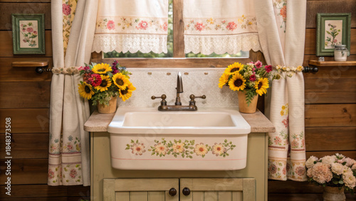 Farmhouse kitchen design cottage sink with floral curtains sunflowers and vintage faucet creating cozy rustic charm