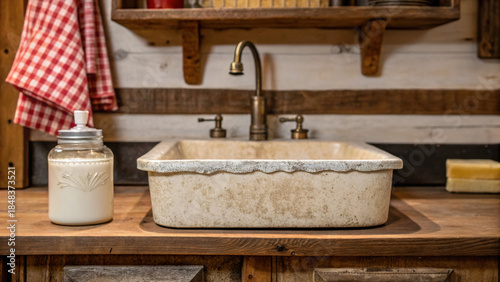 Farmhouse kitchen design cottage sink rustic ceramic basin with vintage faucet and cozy towel evokes warm country charm