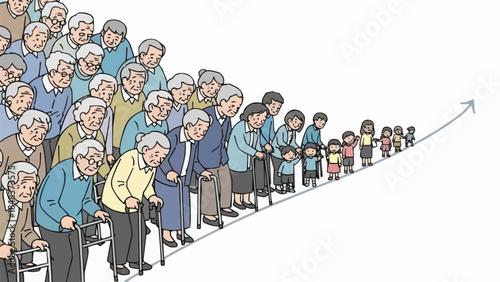 Aging population growth trend illustration with diverse age groups.