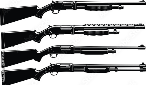 Pump action shotgun silhouette set, black firearm vector illustration isolated on white background for hunting, defense, military design use concept collection