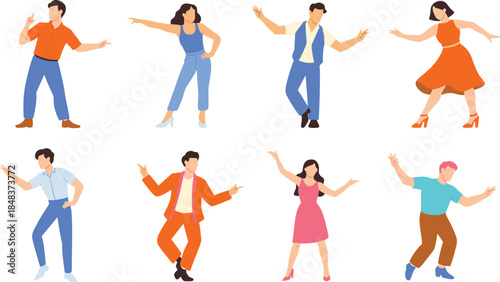 Flat vector illustration of diverse people dancing, modern characters celebrating music, movement, lifestyle, fun, party, energy, joy, and social activity