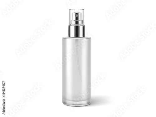 Clear frosted glass spray bottle with a metallic silver cap, a cosmetic container isolated on a white background