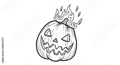 Spooky Halloween pumpkin with flames burning on top of its head.