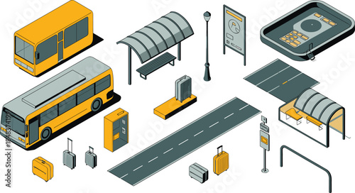 Isometric illustration of bus station elements, public transport infrastructure, city transit objects, road, shelter, luggage, urban mobility concept