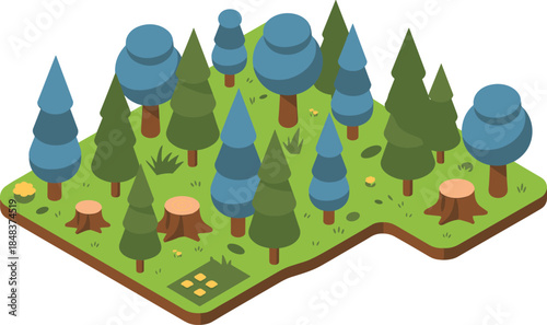 Isometric illustration of forest landscape, trees, stumps, nature environment, woodland terrain, eco concept, green land, natural scenery design