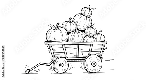 Hand drawn illustration of a wooden wagon filled with pumpkins.