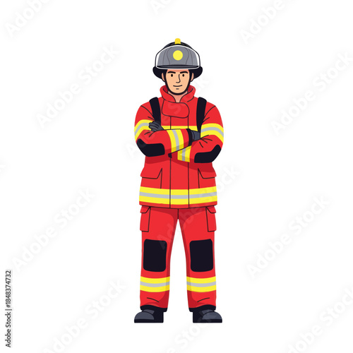 Brave male firefighter in red uniform with helmet and crossed arms