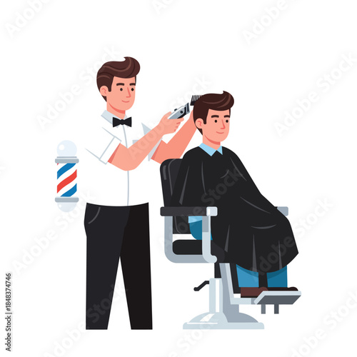 Barber Giving Haircut to Male Client in Chair with Barber Pole Illustration