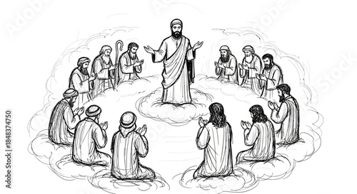 Religious gathering of disciples listening to a sermon from their teacher.