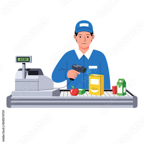 Cashier scanning groceries at supermarket checkout with various items and price display