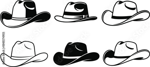 Cowboy hat silhouettes vector set featuring western headwear styles, ranch fashion accessories, black and white isolated illustration collection