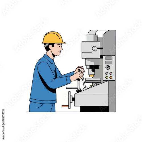 Skilled industrial worker in yellow hard hat operating manufacturing press machine