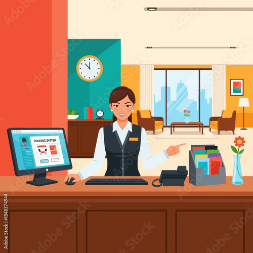 Smiling female receptionist working at hotel desk with booking system