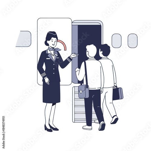 Smiling flight attendant in uniform welcoming male passengers boarding an airplane.