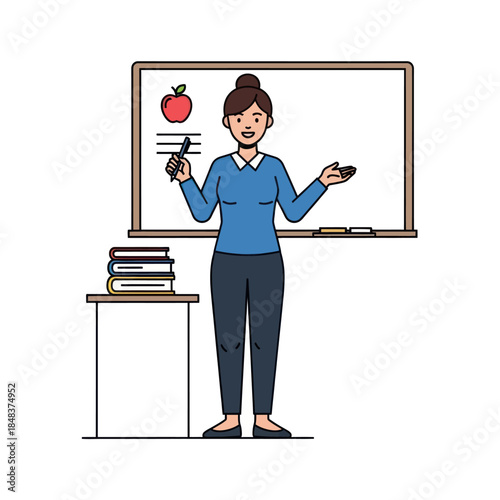 Smiling Female Teacher Character Presenting Lesson with Whiteboard and Books