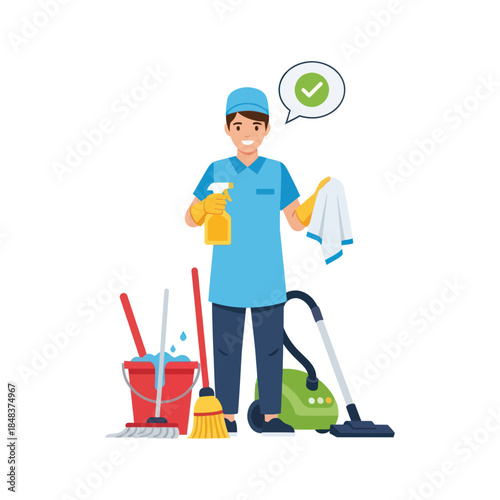 Smiling male cleaner with spray bottle, cloth, and cleaning tools, showing successful service