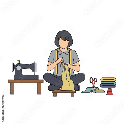 Woman hand-sewing fabric with tailoring tools and sewing machine illustration