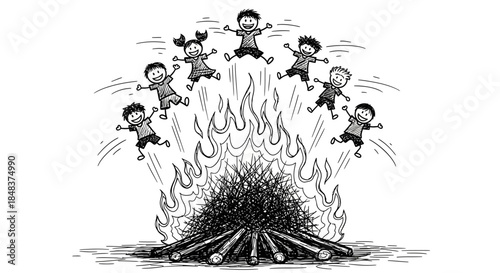 Children Jumping Over Bonfire - Celebration of Joy and Community.