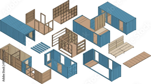 Isometric illustration of modular shipping container construction, architectural elements, prefab housing parts, industrial design, container home building system