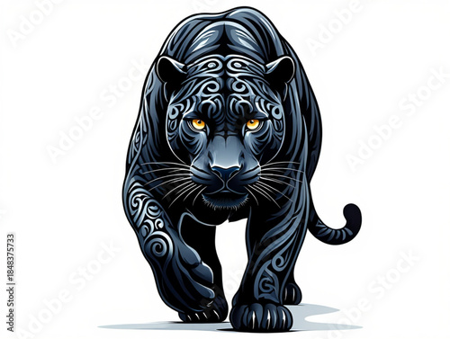 A captivating digital illustration of a majestic black panther standing elegantly against a crisp white background
