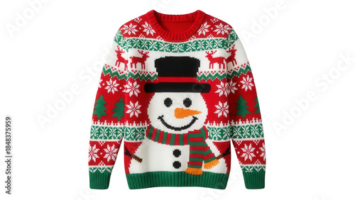Festive Snowman Christmas Sweater with Reindeer and Snowflakes Pattern