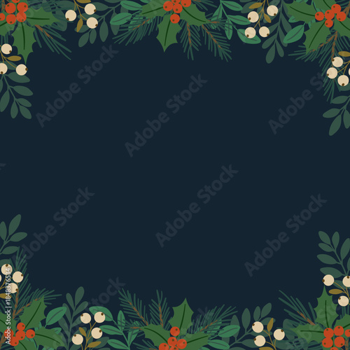 Świąteczna ramka z gałązkami sosny, świerku, jodły, jemiołą i jagodami. Zimowa kompozycja.
