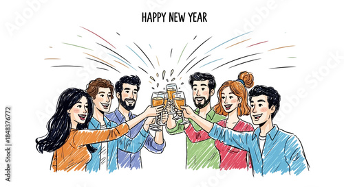 Group of Friends Celebrating New Year with Drinks and Cheers.