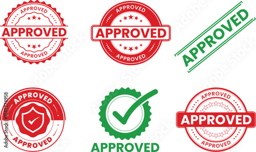 Approved rubber stamp set for element design in red and green colors. Perfect for business approval, verification badges, labels, documents, logos, and graphic design projects