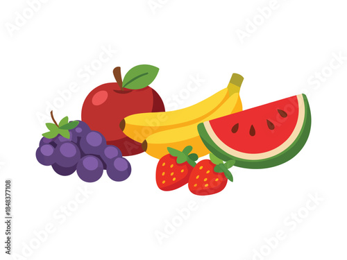 vector illustration of fresh fruits. red apple, bananas, watermelon slice, grapes, and strawberries.