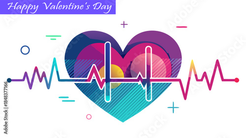 Vibrant heart with a colorful heartbeat line and abstract geometric elements, representing love and vitality on Valentine's Day vector illustration.