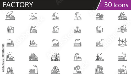 Grid of 30 black line icons for industrial buildings, energy facilities, and power plants, ideal for infrastructure vector illustration content