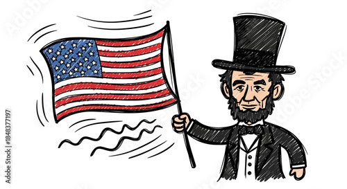 Abraham Lincoln holding the American flag with pride and patriotism.